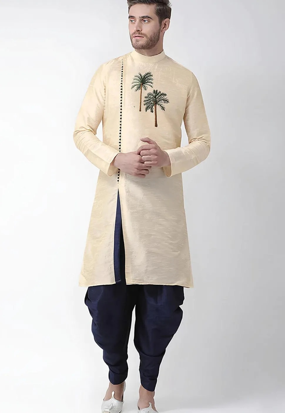 Embroidered Dupion Silk Kurta Set in Light Beige