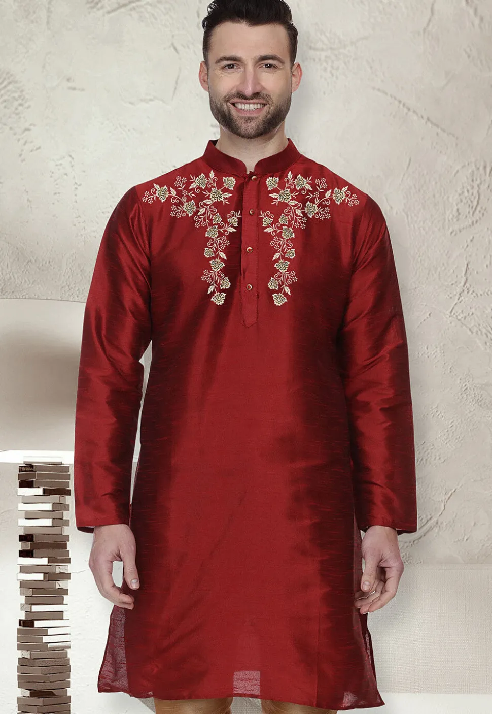 Embroidered Dupion Silk Kurta in Maroon