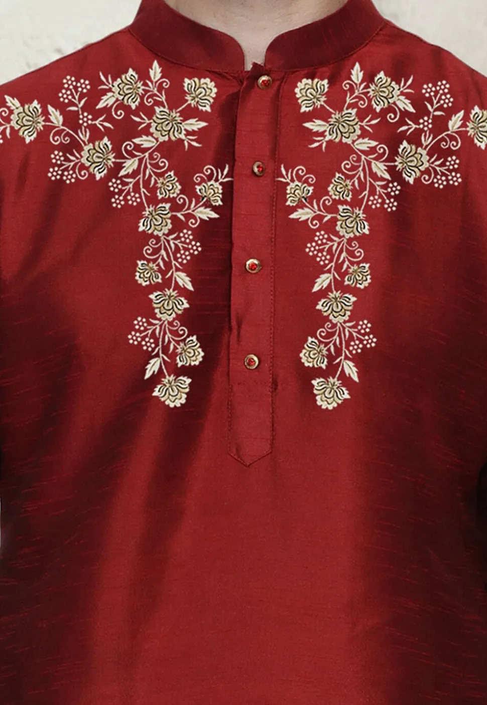 Embroidered Dupion Silk Kurta in Maroon