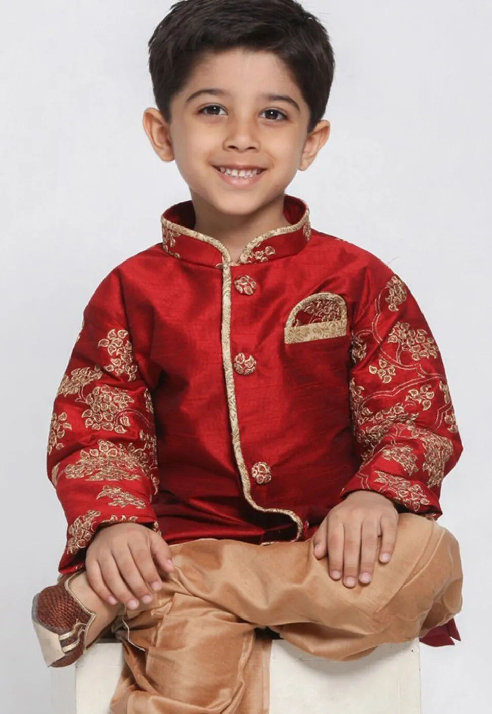 Embroidered Dupion Silk Kurta in Maroon