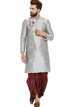 Embroidered Dupion Silk Kurta Set in Light Grey