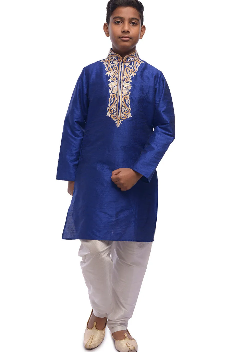 Embroidered Dupion Silk Kurta Set in Royal Blue