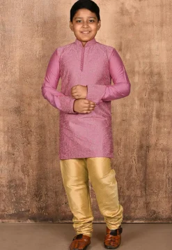 Embroidered Dupion Silk Kurta Set in Dark Pink
