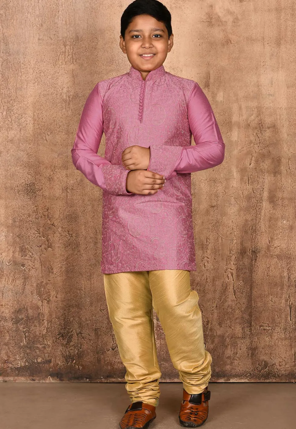 Embroidered Dupion Silk Kurta Set in Dark Pink