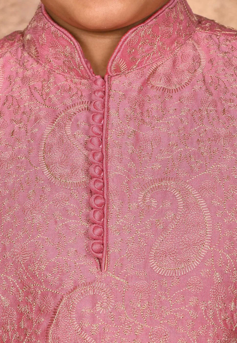 Embroidered Dupion Silk Kurta Set in Dark Pink