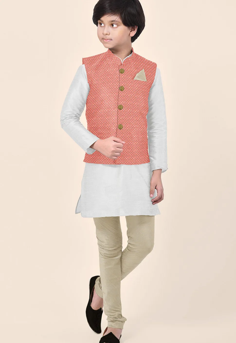 Embroidered Dupion Silk Kurta Set in White