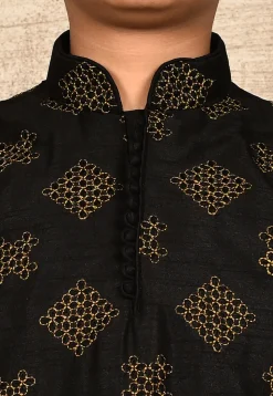 Embroidered Dupion Silk Kurta in Black