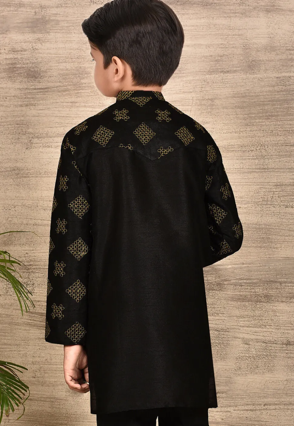 Embroidered Dupion Silk Kurta in Black