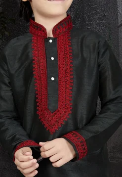 Embroidered Dupion Silk Kurta Set in Black