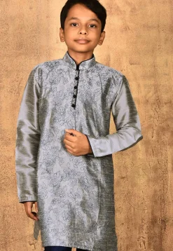 Embroidered Dupion Silk Kurta in Grey