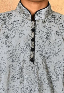 Embroidered Dupion Silk Kurta in Grey