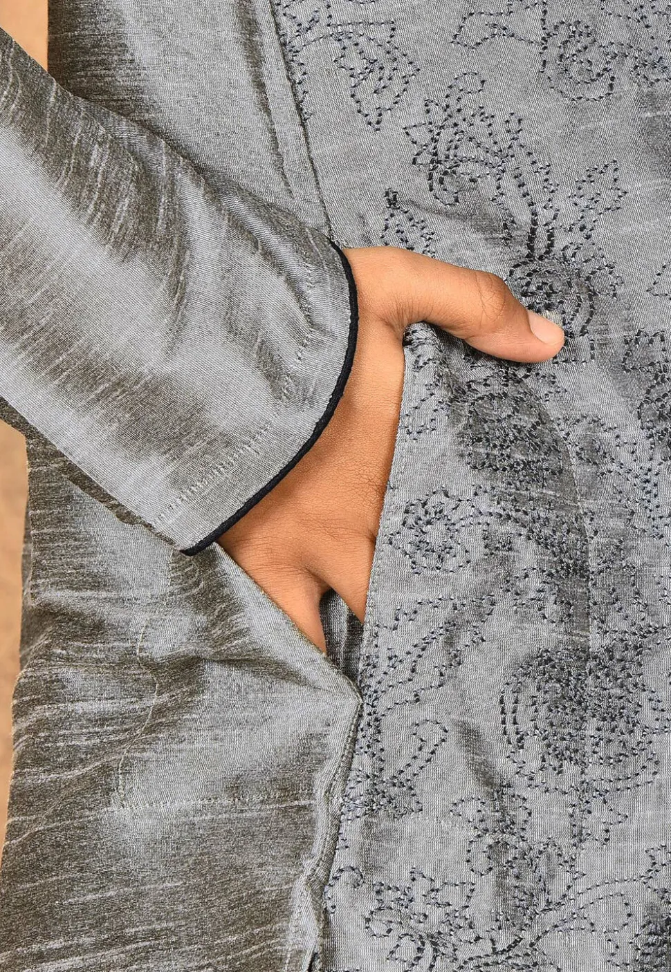Embroidered Dupion Silk Kurta in Grey