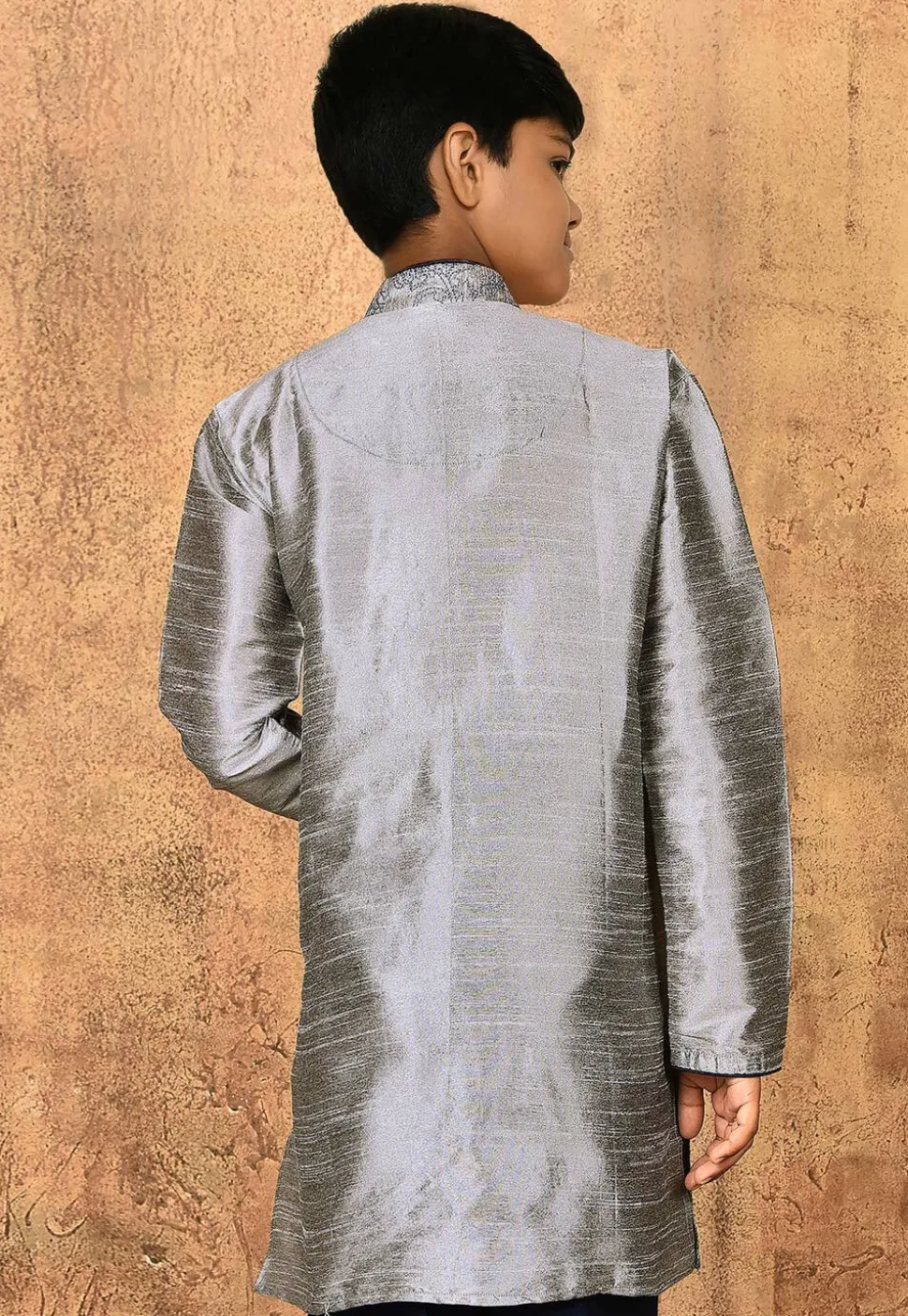 Embroidered Dupion Silk Kurta in Grey