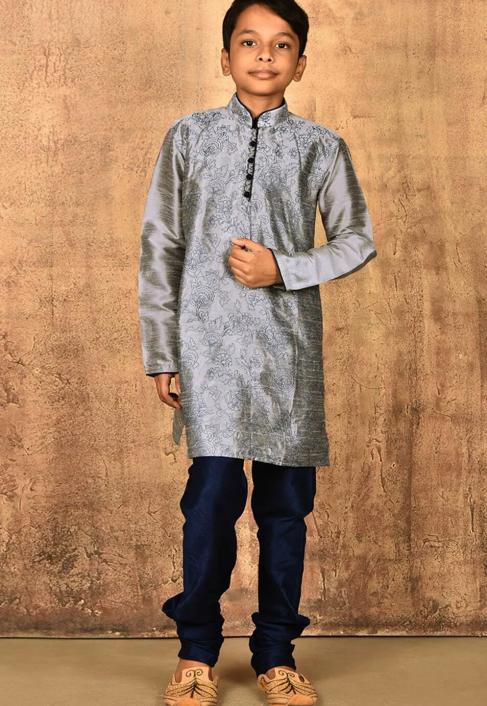 Embroidered Dupion Silk Kurta in Grey