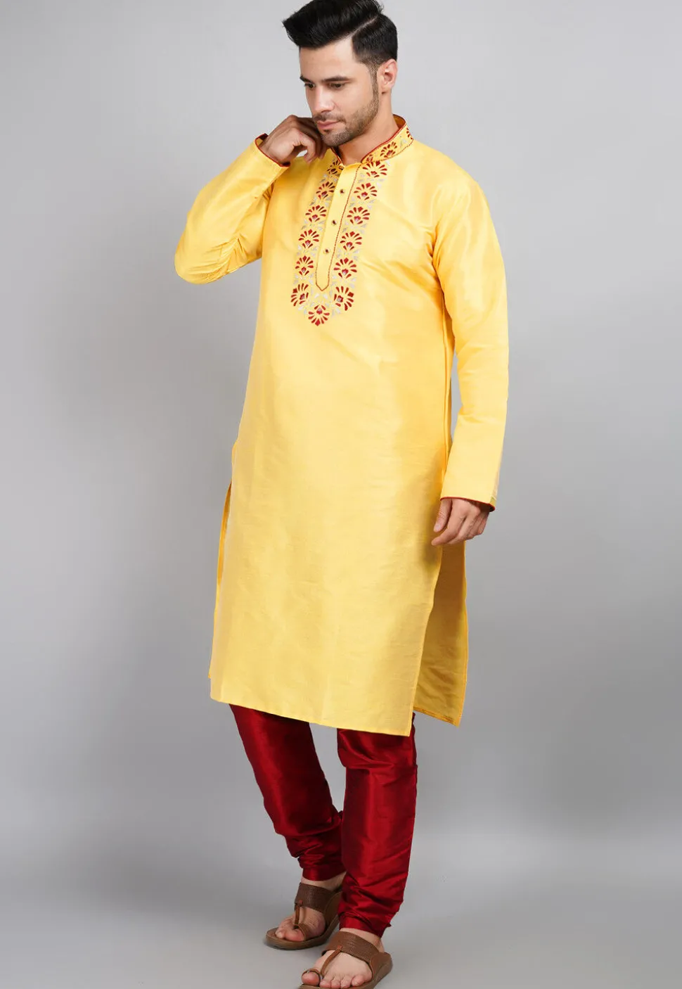 Embroidered Dupion Silk Kurta Set in Yellow
