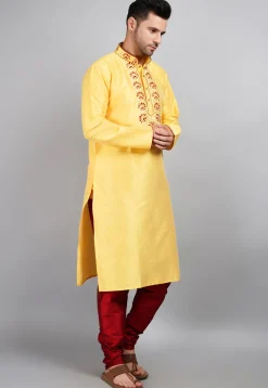 Embroidered Dupion Silk Kurta Set in Yellow