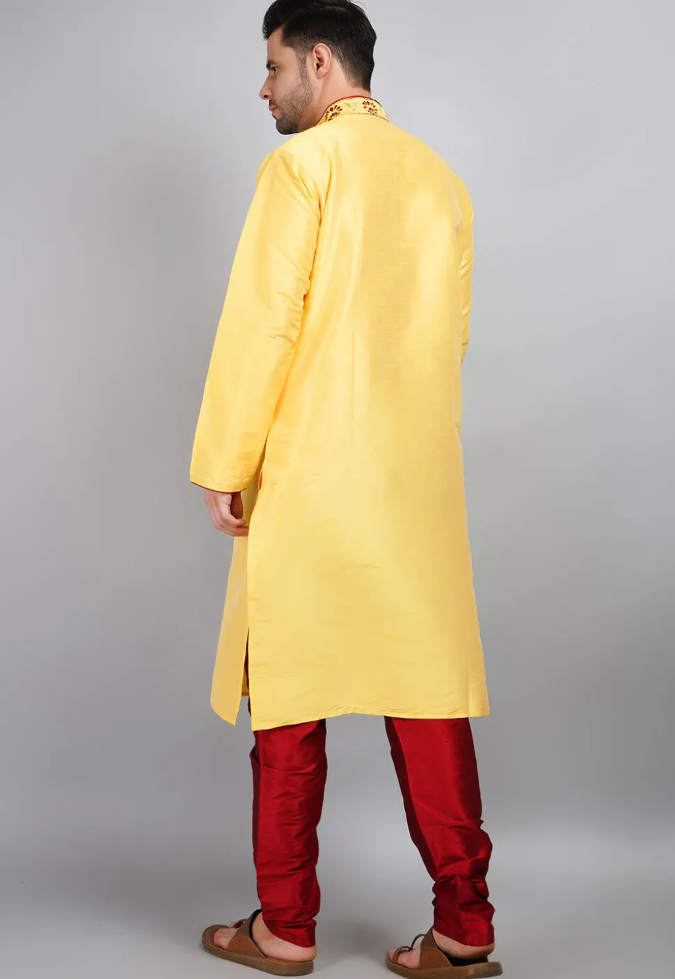 Embroidered Dupion Silk Kurta Set in Yellow