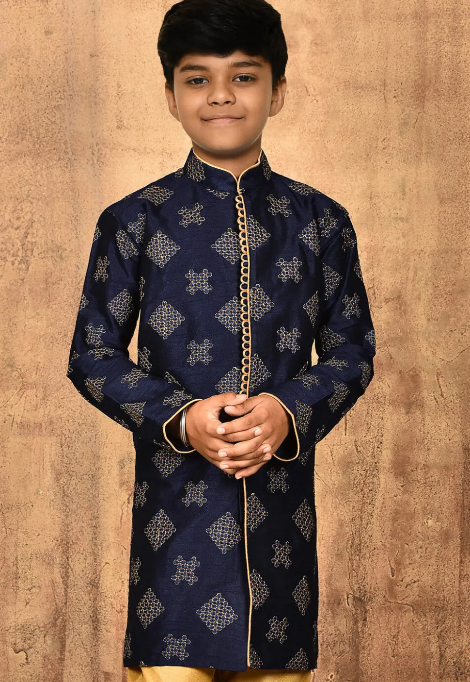 Embroidered Dupion Silk Kurta in Navy Blue