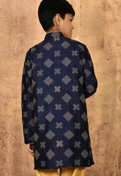 Embroidered Dupion Silk Kurta in Navy Blue