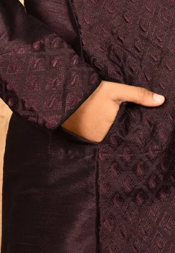 Embroidered Dupion Silk Kurta Set in Wine