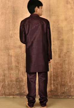 Embroidered Dupion Silk Kurta Set in Wine