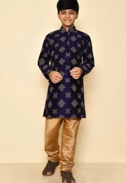 Embroidered Dupion Silk Kurta in Navy Blue