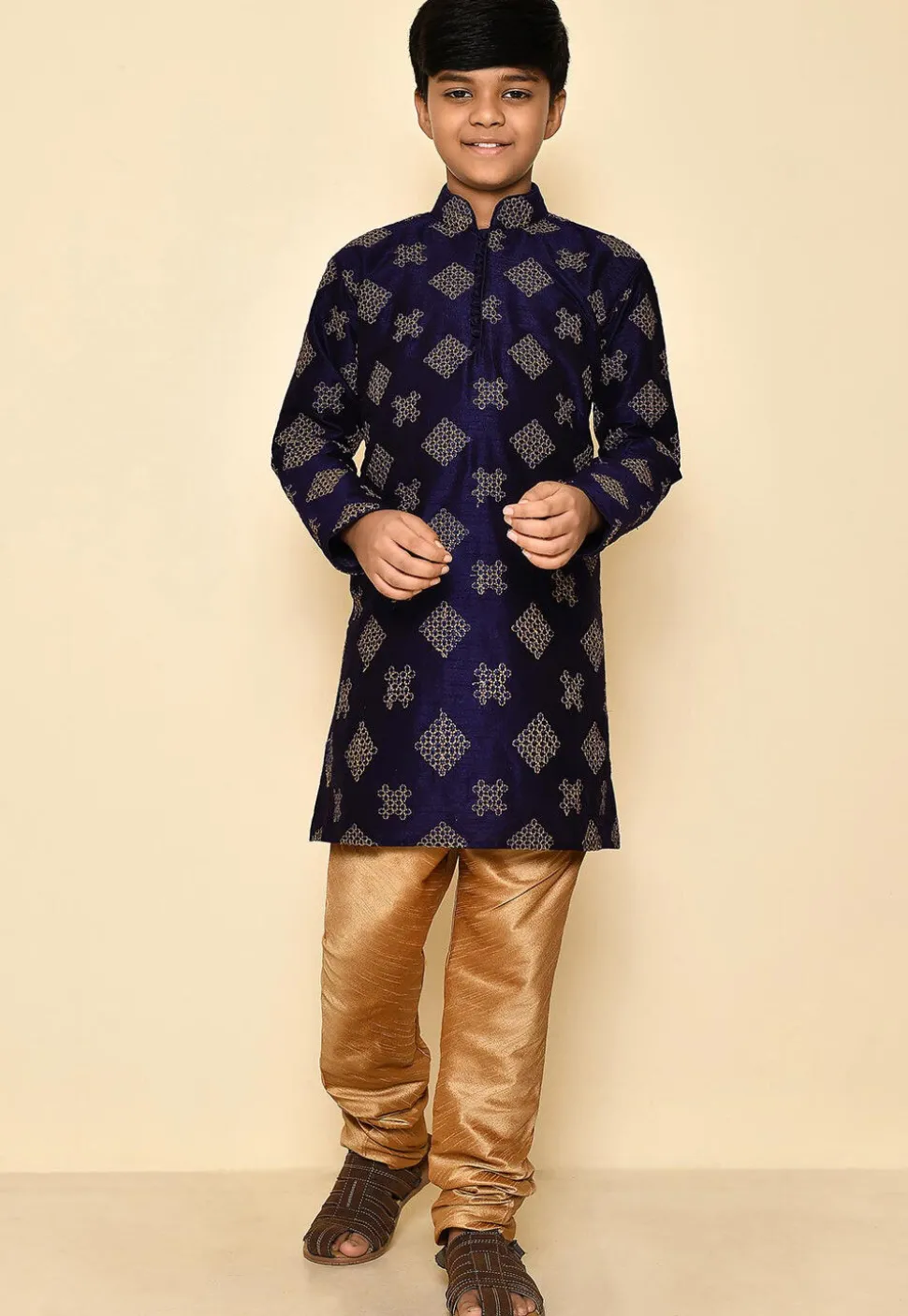 Embroidered Dupion Silk Kurta in Navy Blue