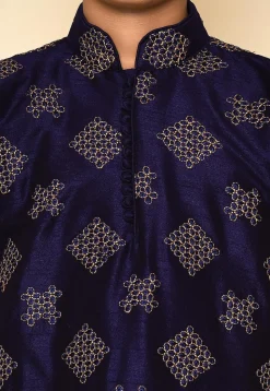 Embroidered Dupion Silk Kurta in Navy Blue