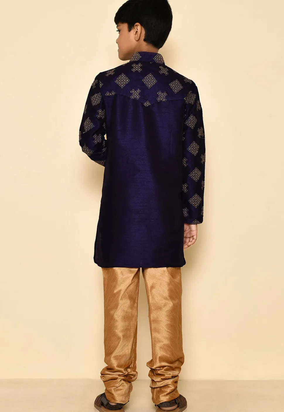 Embroidered Dupion Silk Kurta in Navy Blue