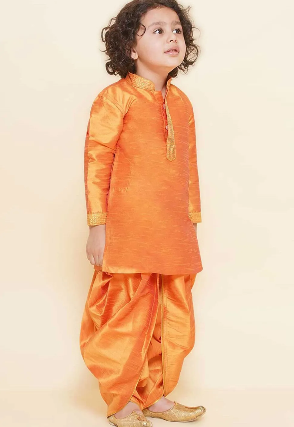 Embroidered Dupion Silk Kurta Set in Orange