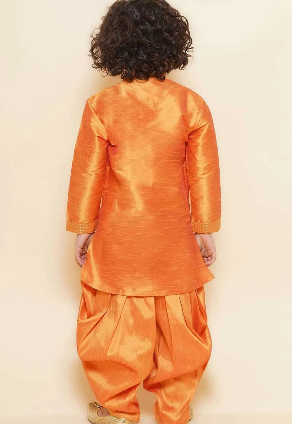 Embroidered Dupion Silk Kurta Set in Orange