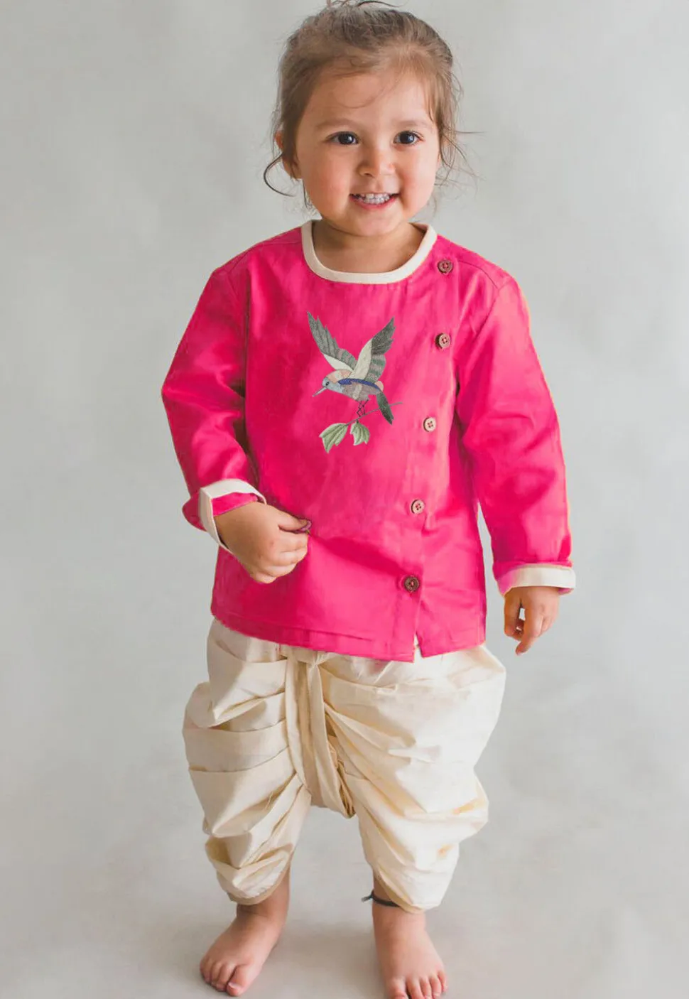 Embroidered Dupion Silk Kurta Set in Pink