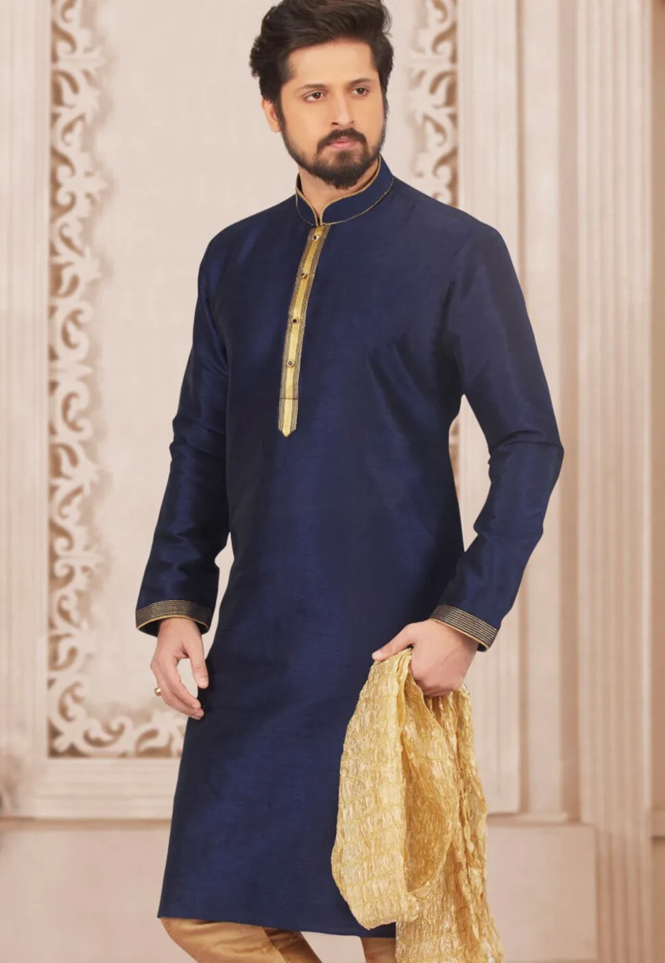 Embroidered Dupion Silk Kurta in Navy Blue