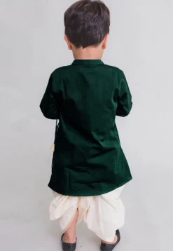 Embroidered Dupion Silk Kurta Set in Dark Green