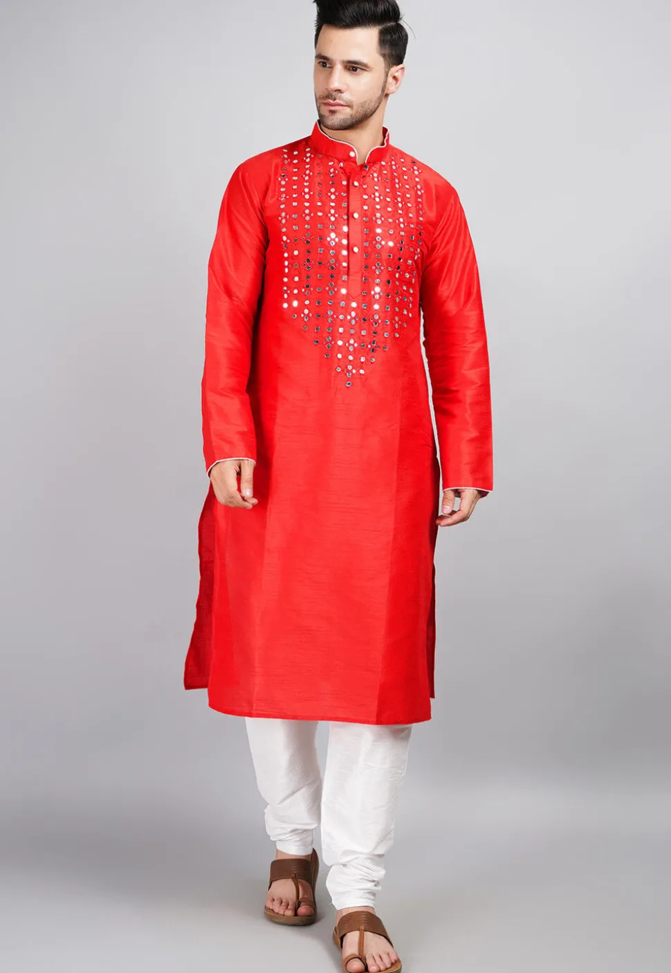 Embroidered Dupion Silk Kurta Set in Red