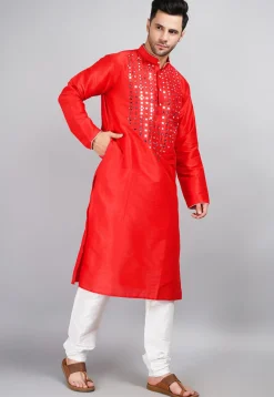 Embroidered Dupion Silk Kurta Set in Red