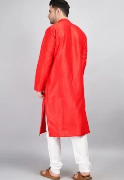 Embroidered Dupion Silk Kurta Set in Red