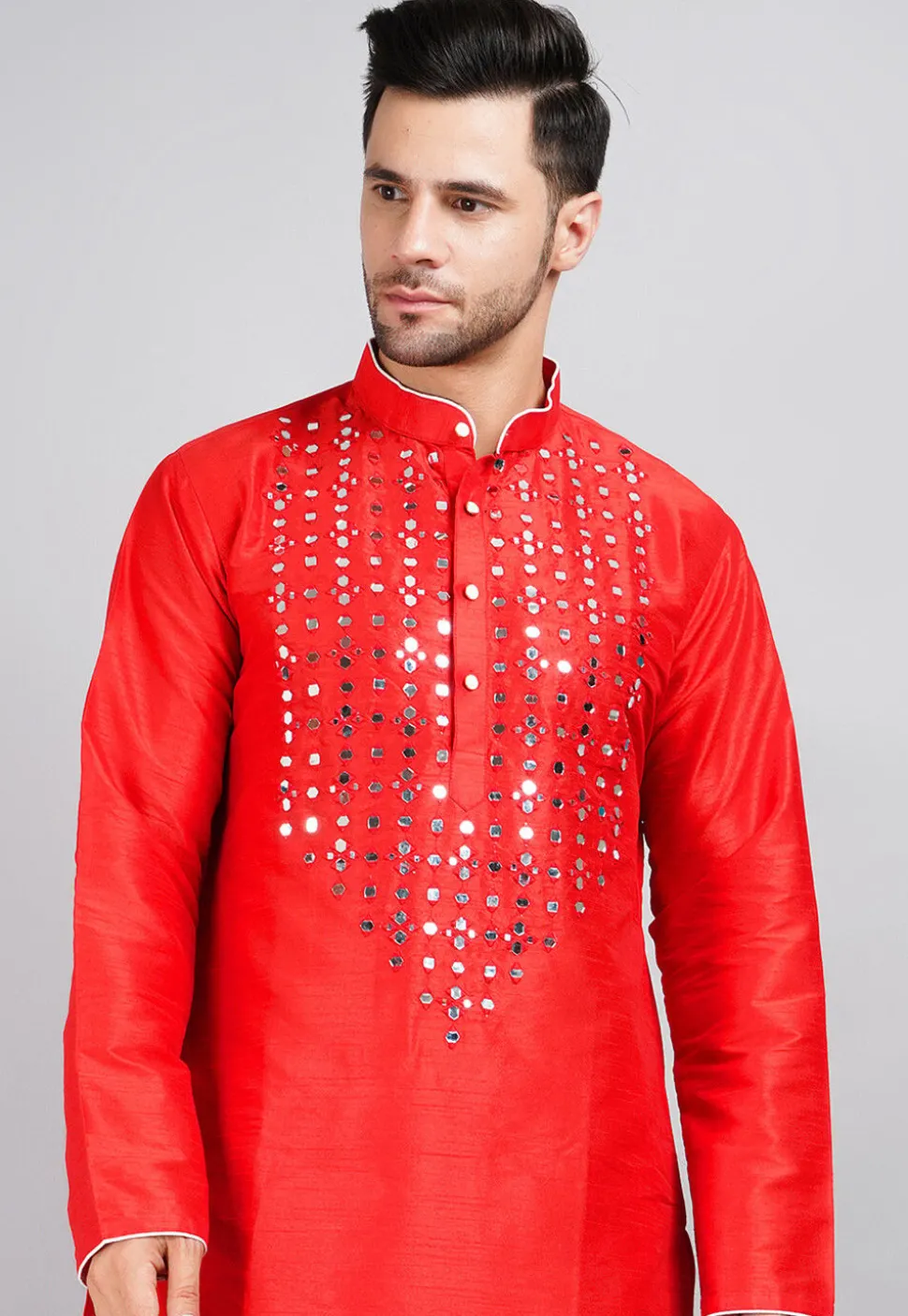 Embroidered Dupion Silk Kurta Set in Red