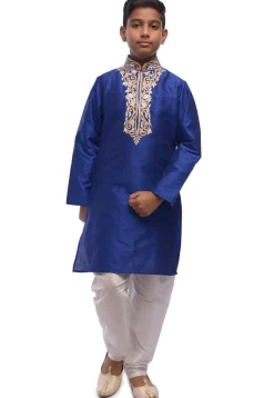 Embroidered Dupion Silk Kurta Set in Royal Blue