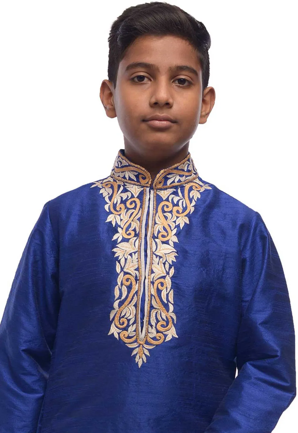 Embroidered Dupion Silk Kurta Set in Royal Blue