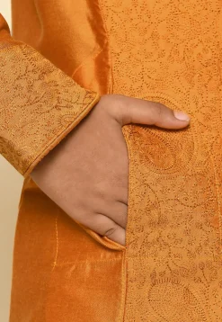 Embroidered Dupion Silk Kurta in Mustard