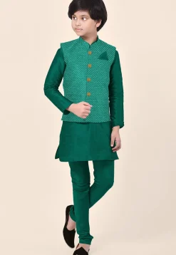 Embroidered Dupion Silk Kurta Set in Dark Green