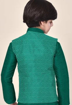 Embroidered Dupion Silk Kurta Set in Dark Green