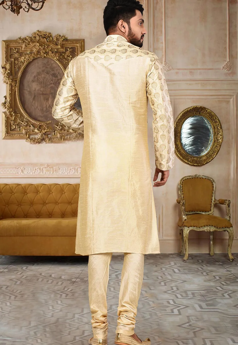 Embroidered Dupion Silk Kurta Set in Light Beige