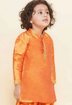Embroidered Dupion Silk Kurta in Orange