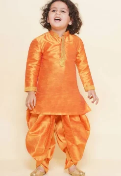 Embroidered Dupion Silk Kurta in Orange
