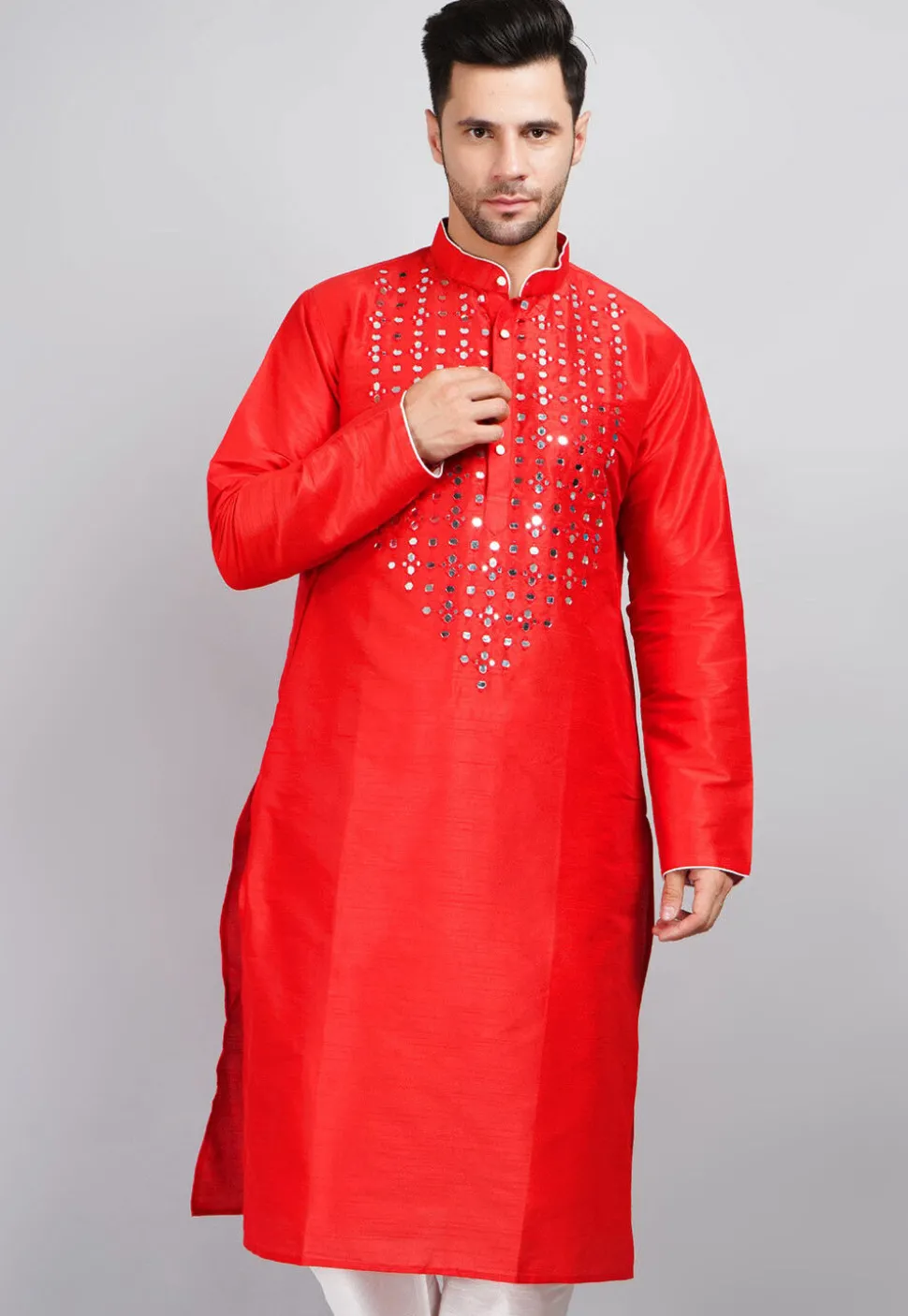 Embroidered Dupion Silk Kurta in Red