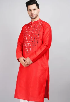 Embroidered Dupion Silk Kurta in Red
