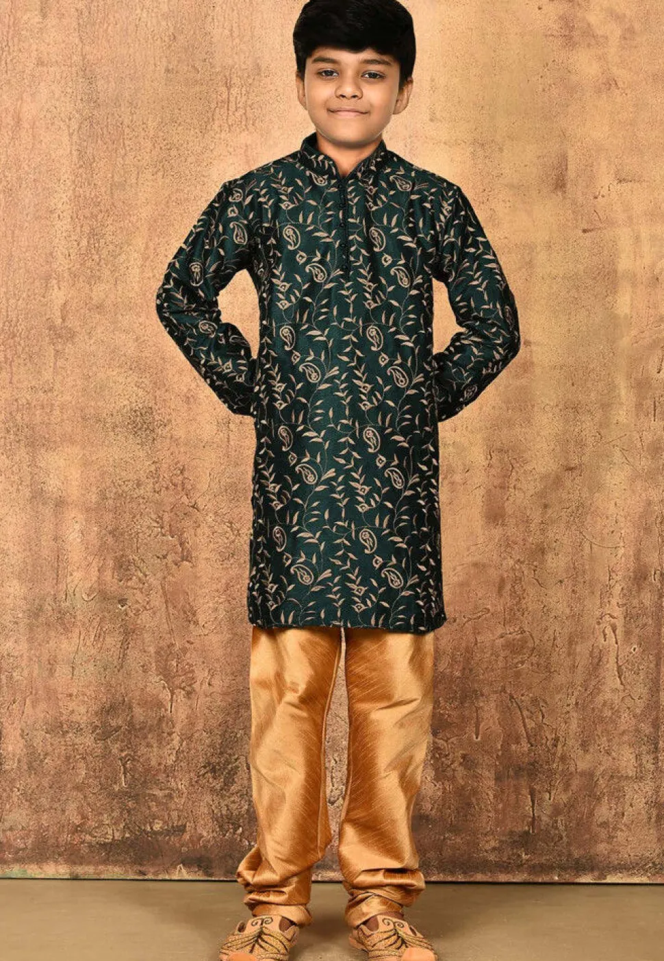 Embroidered Dupion Silk Kurta Set in Dark Green