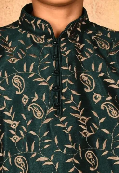 Embroidered Dupion Silk Kurta Set in Dark Green